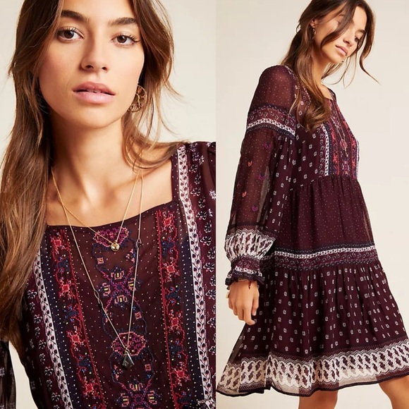By Anthropologie Galene Embroidered Floral Long Sleeve Tunic Mini Dress Maroon 4 - Picture 1 of 9